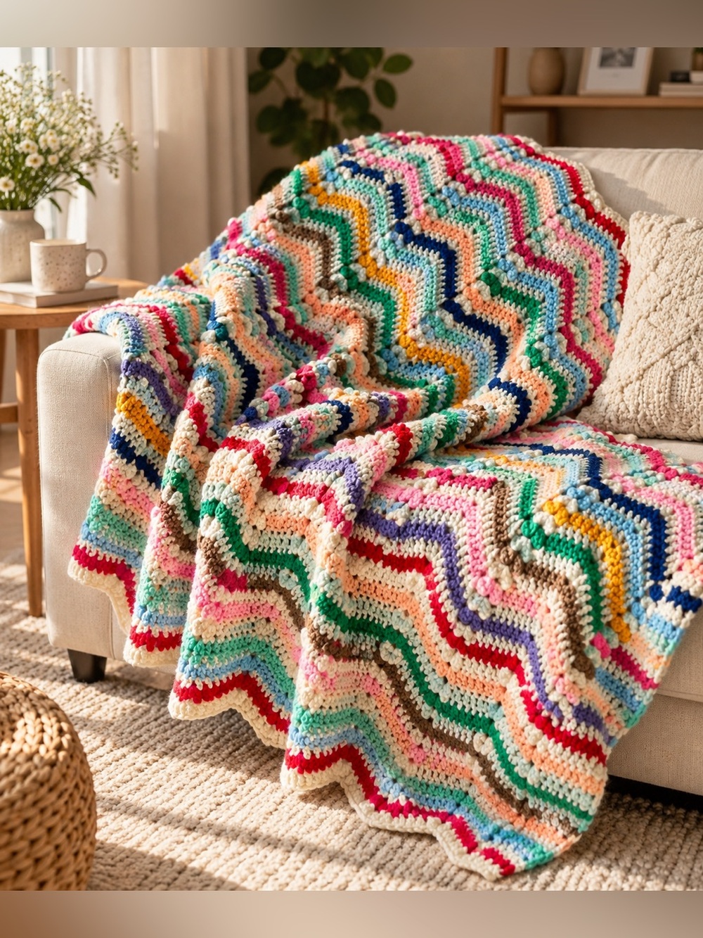 Handmade Crocheted Afghan Blanket Throw – Multicolor Chevron, Approx. 64” x 52”